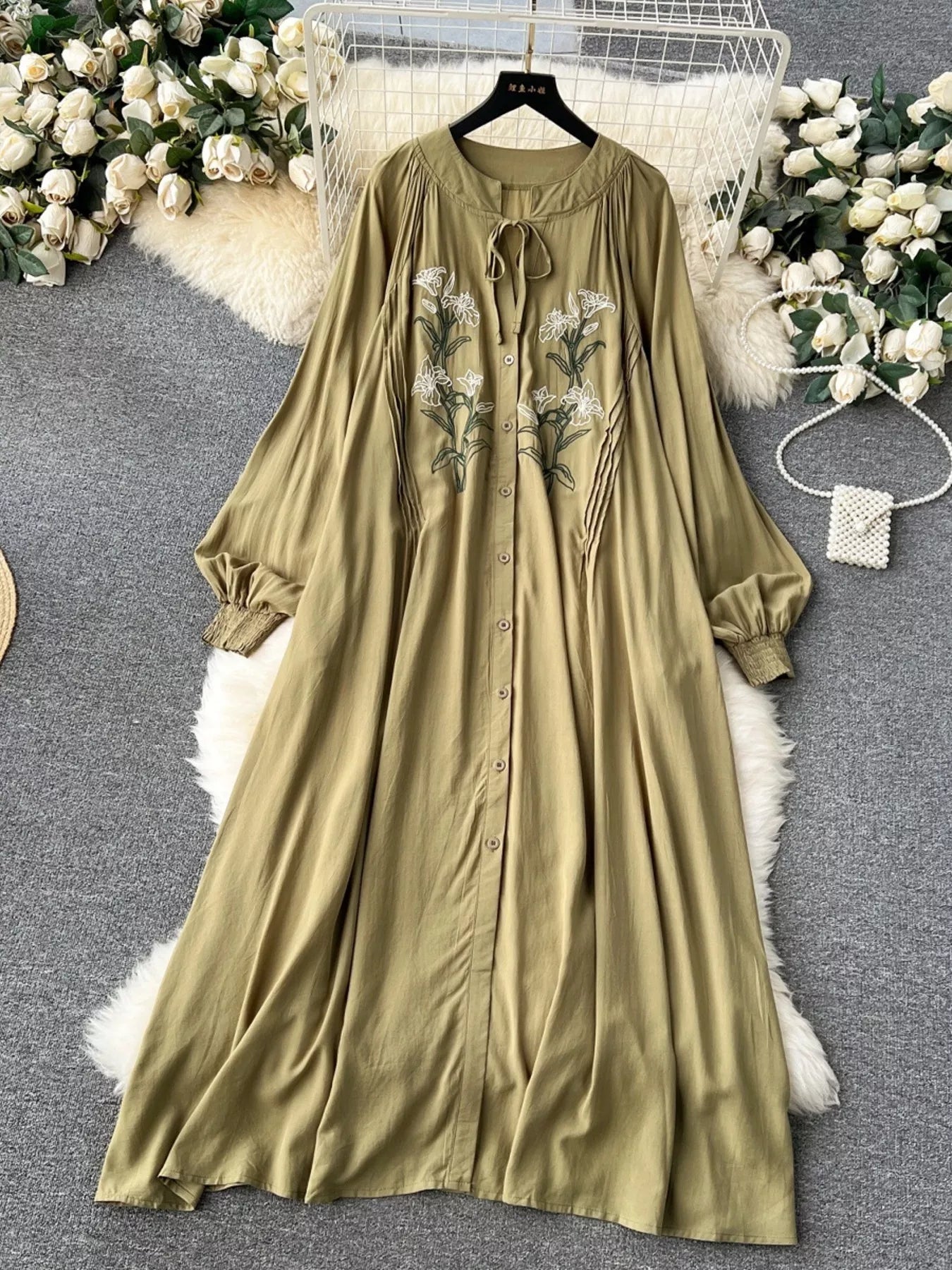 long sleeve floral dress with buttons Floral Print Button Front Long Sleeve Dress