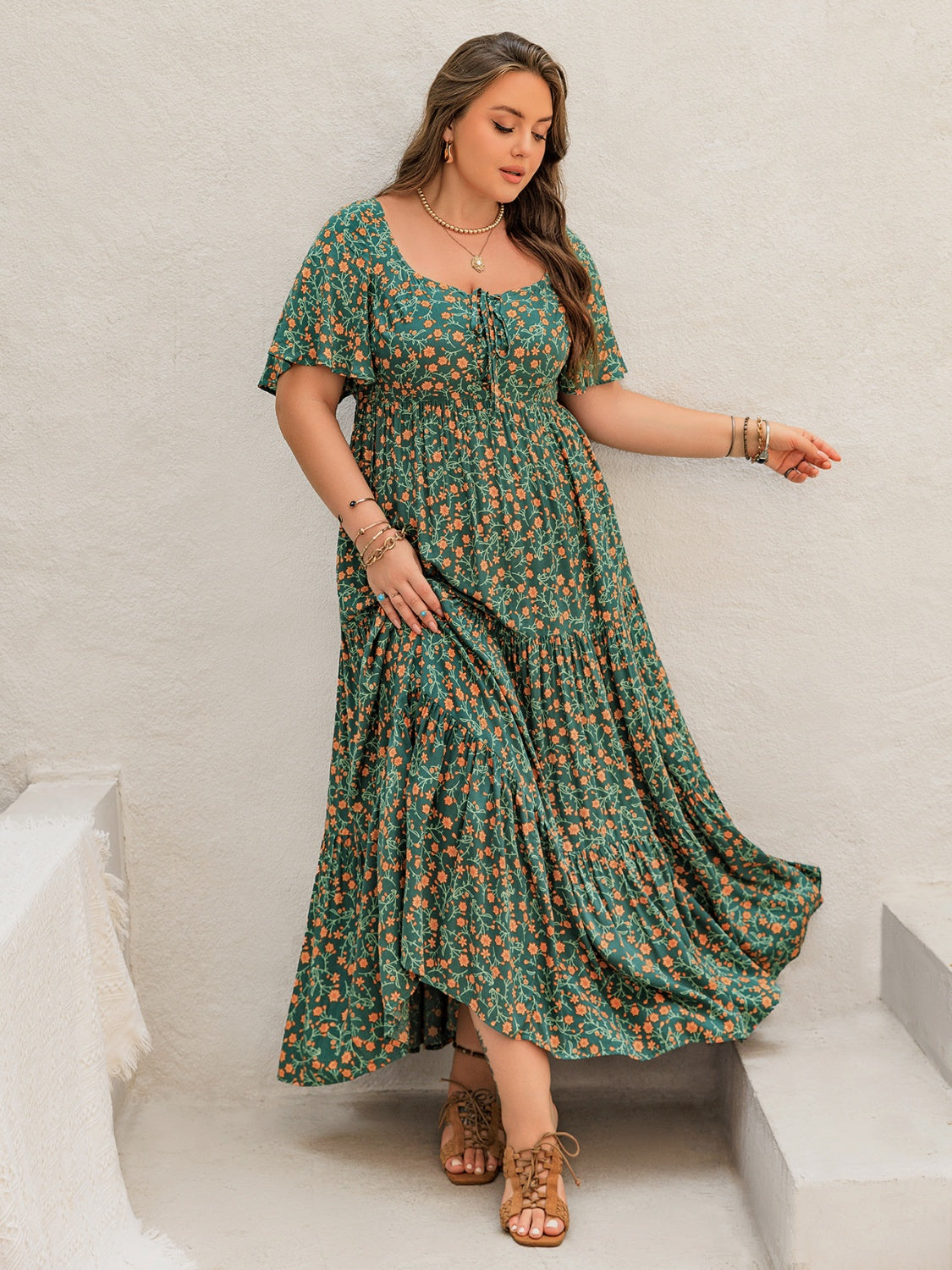 Plus Size Printed Short Sleeve Tiered Maxi Dress Plus Size Printed Short Sleeve Tiered Maxi Dress