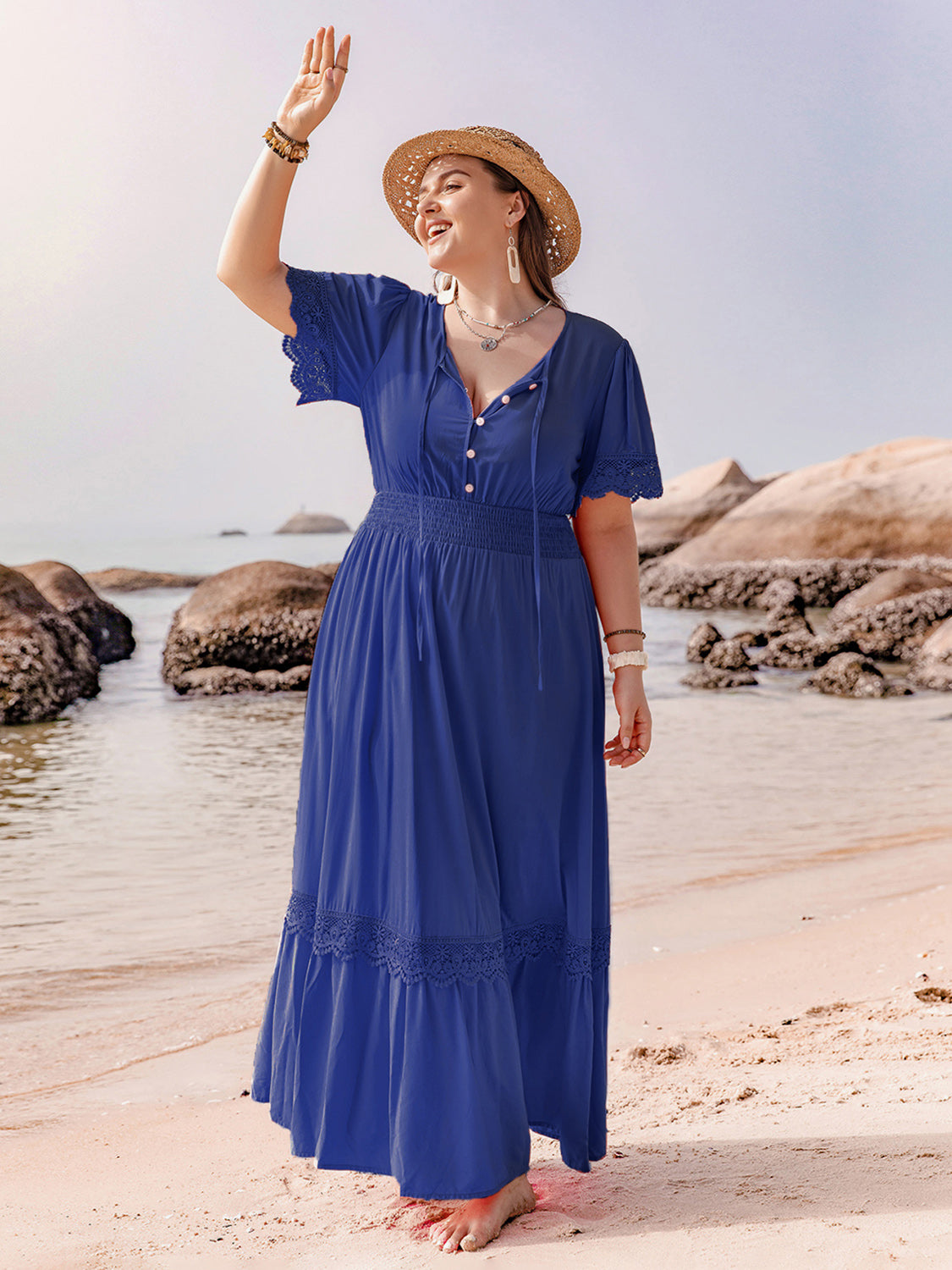 maxi beach dress plus size Floral Beach Plus Size Casual A-Line Boho Lace Maxi Wedding Dress with  Plunging Neckline and Empire Waist