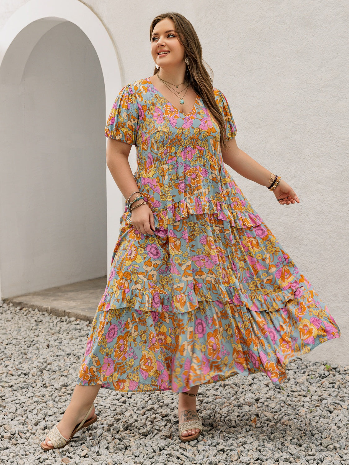 chinese dress ladies Plus Size Printed V-Neck Short Sleeve Maxi Dress