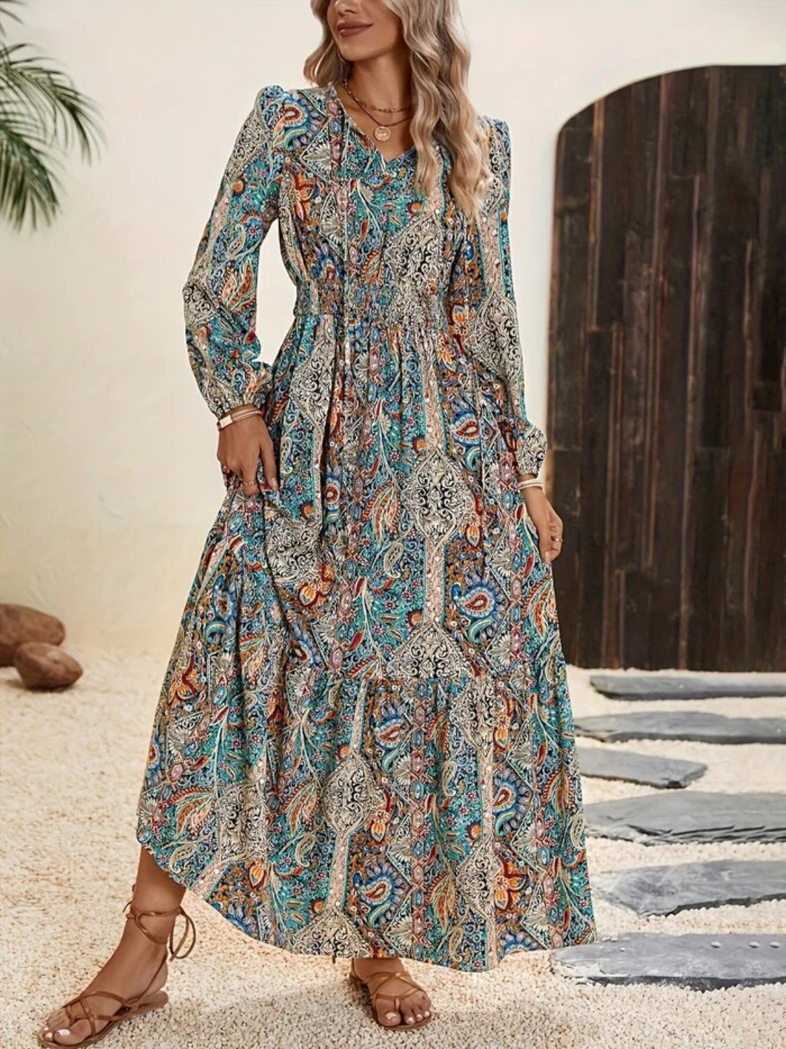 floral tie neck maxi dress Printed Tie Neck Long Sleeve Maxi Dress