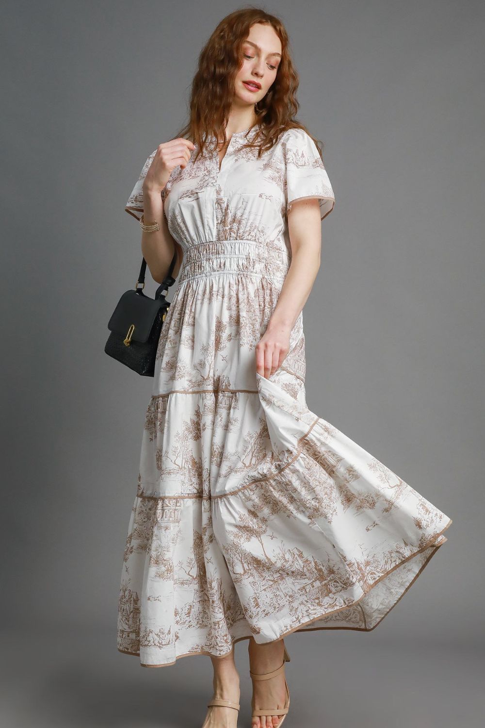 short sleeve tiered maxi dress Landscape Print Short Sleeve Tiered Maxi Dress