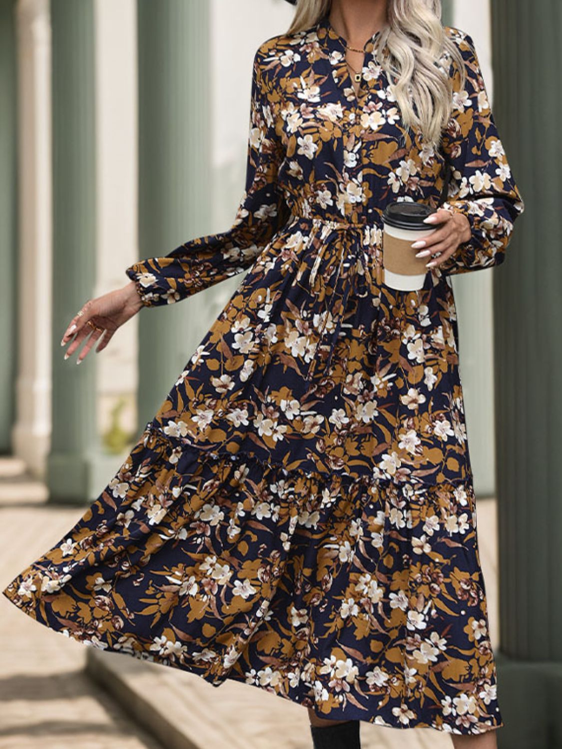wild bloom midi dress Printed Notched Long Sleeve Midi Dress
