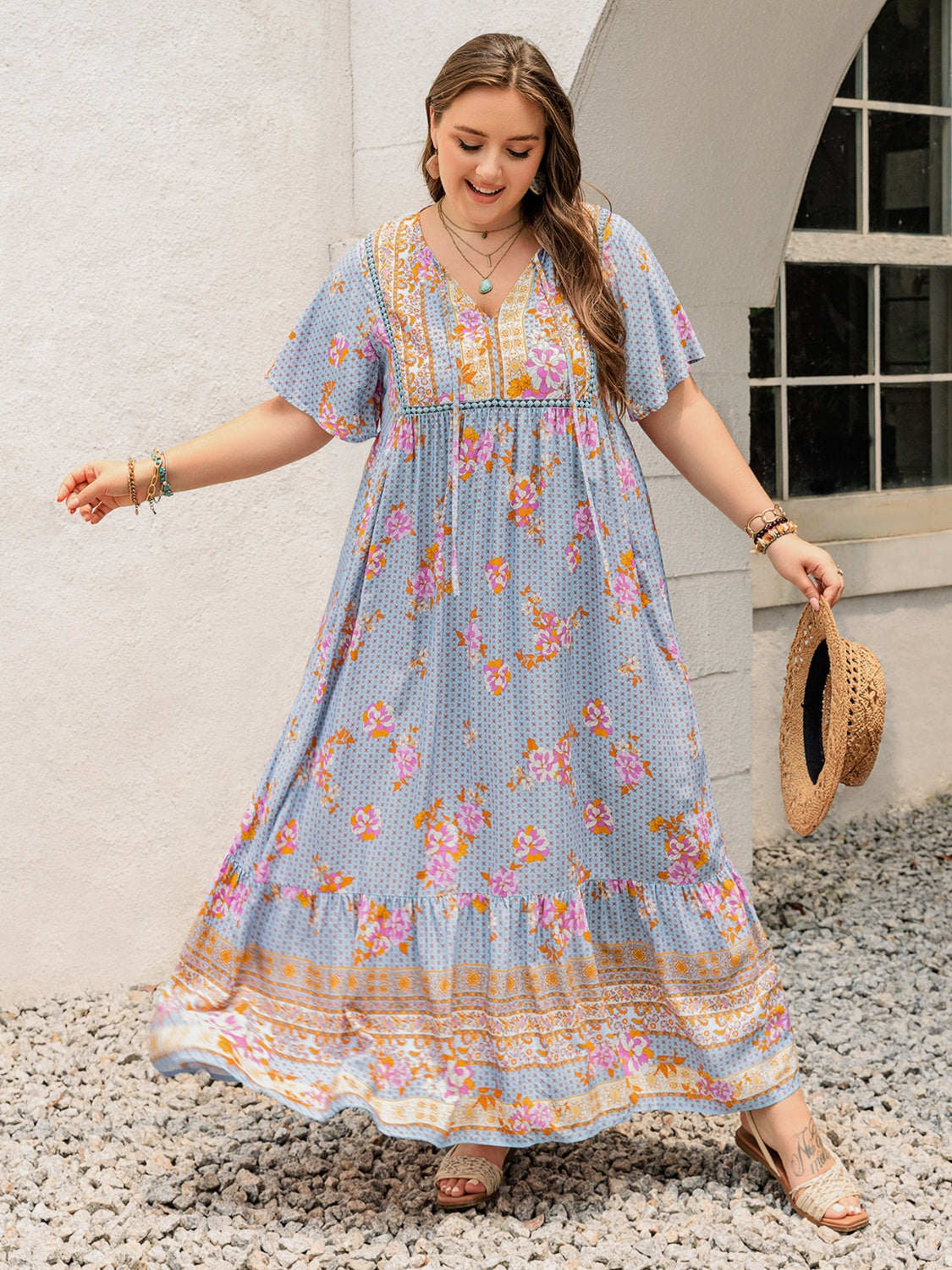 flutter sleeve maxi dress plus size Plus Size Printed Tie Neck Flutter Sleeve Maxi Dress
