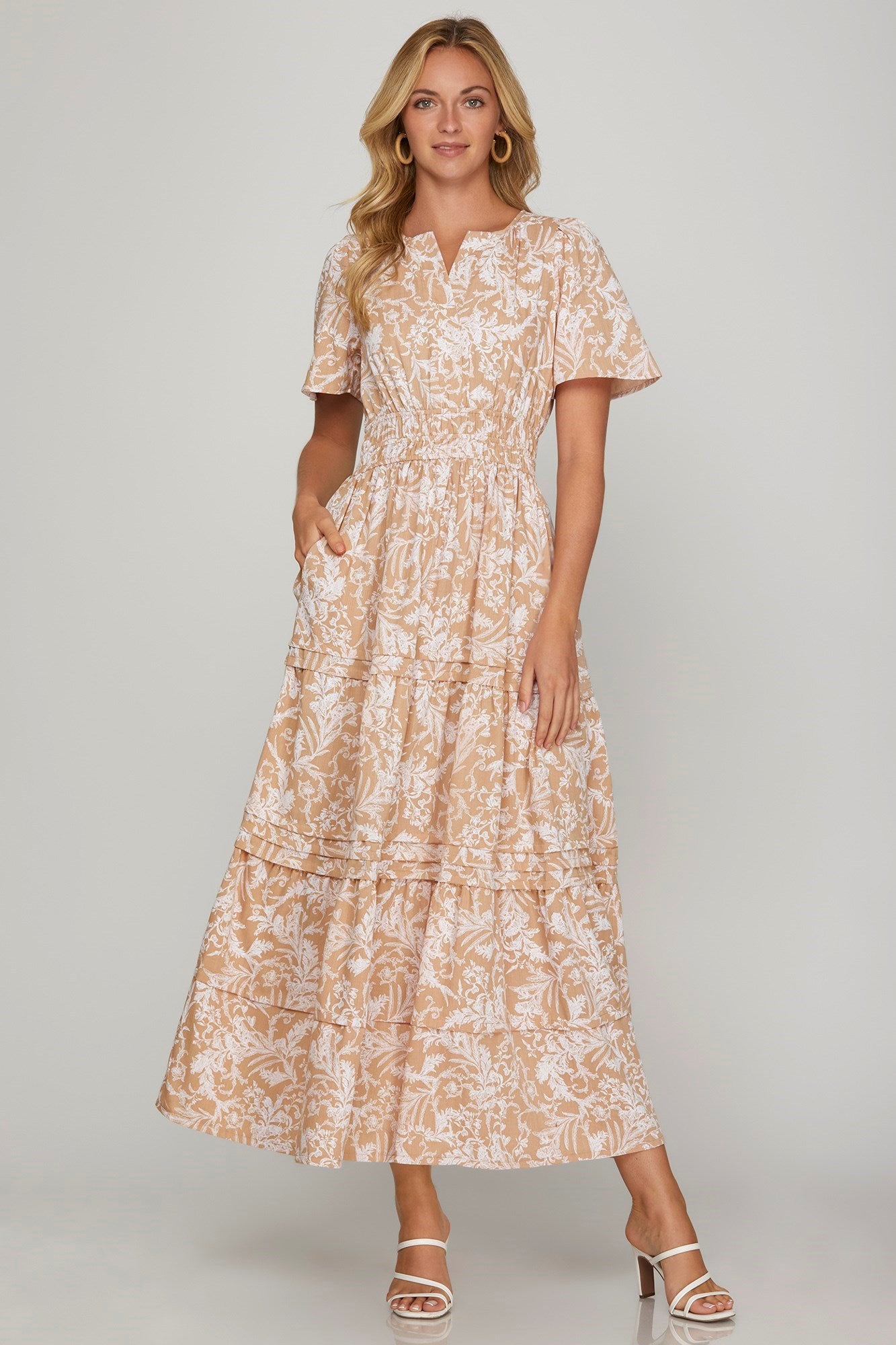 maxi dress with side pockets Printed Notched Woven Tiered Pintuck Maxi Dress with Side Pockets