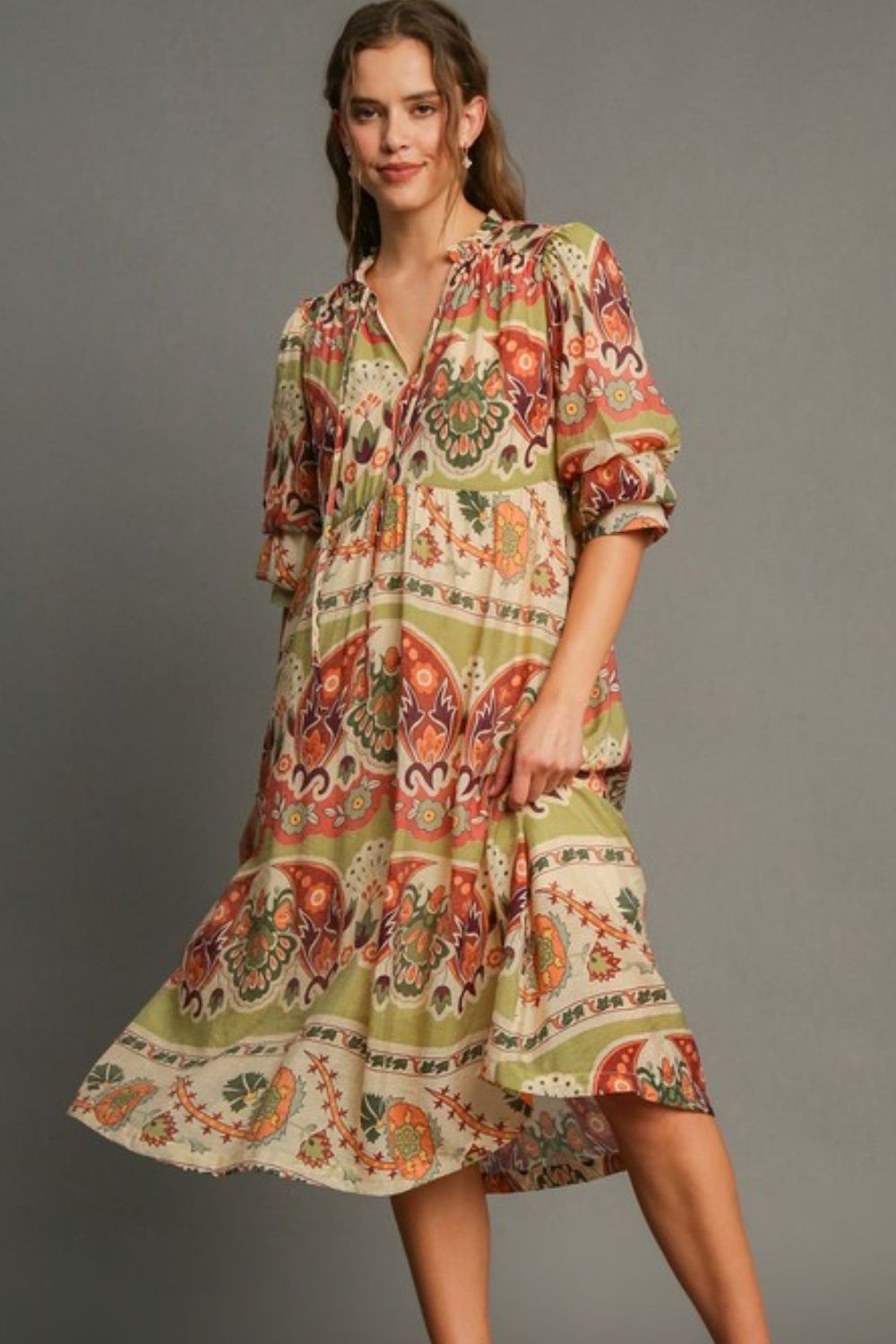 Tiered Border Print Midi Dress Full Size – Wild Bloom