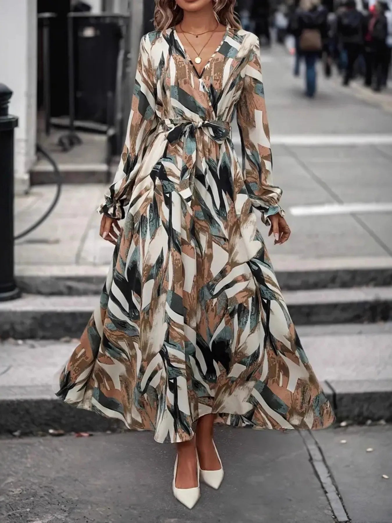 floral flounce maxi dress Printed Surplice Flounce Sleeve Maxi Dress