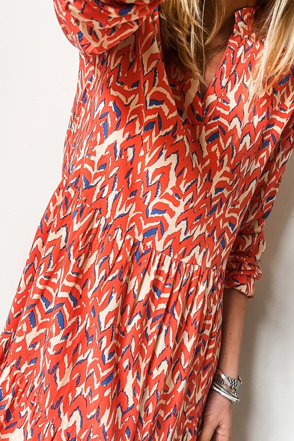 Printed Notched Long Sleeve Dress