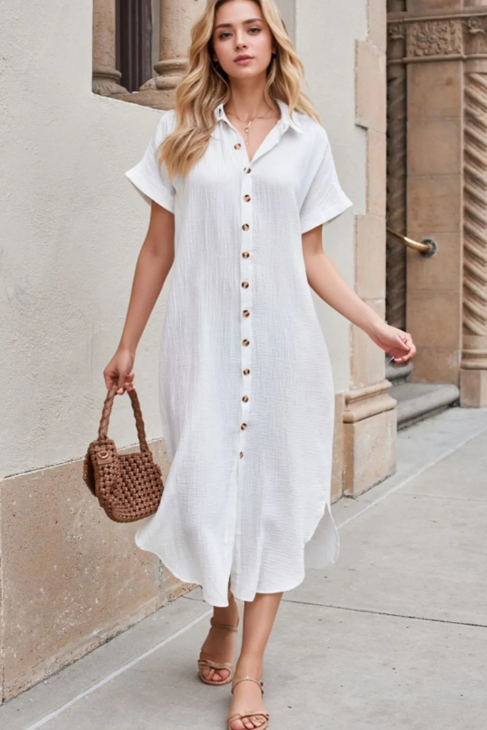 Solid Button Down Short Sleeve Midi Shirt Dress Solid Button Down Short Sleeve Midi Shirt Dress