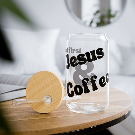 But First Jesus & Coffee Glass Tumbler with Straw, 16oz