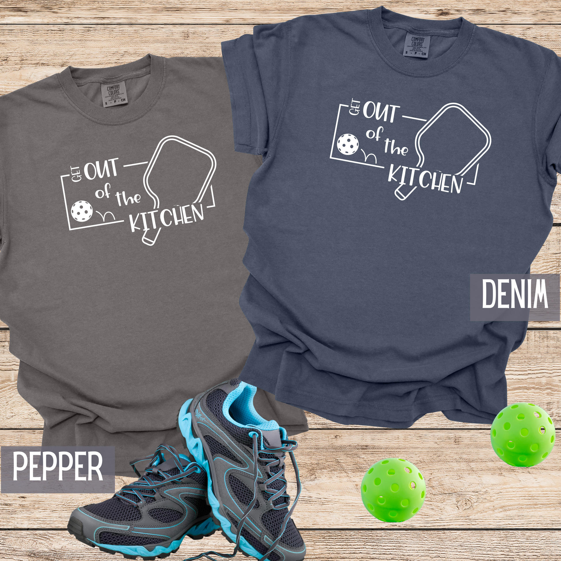 navy comfort colors pickleball custom designed tee.  Get out of the kitchen, play pickleball.  I can't I have pickleball.  Sports t-shirts