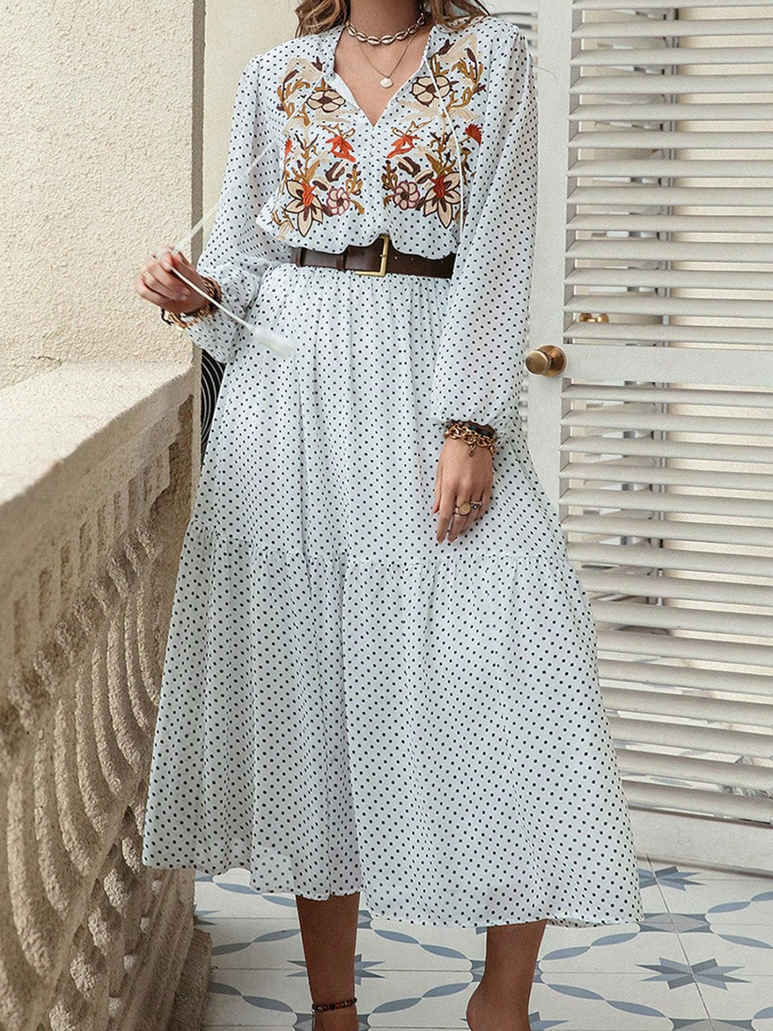 polka dot midi dress plus size Plus Size Printed Tie Neck Long Sleeve Midi Dress – Wild Bloom