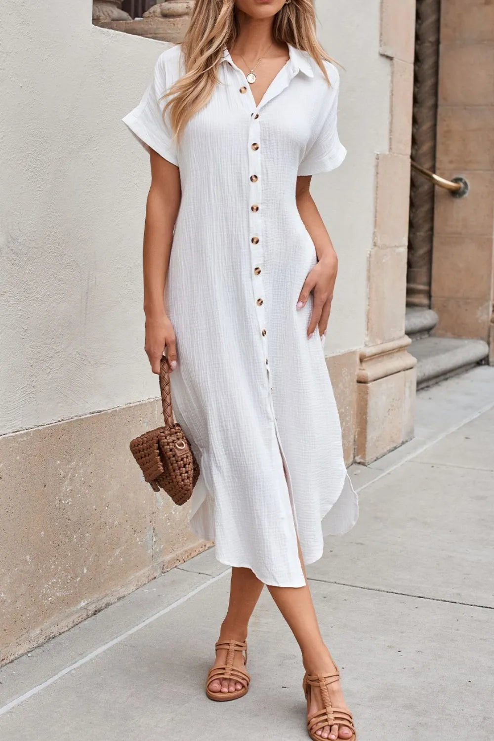 Solid Button Down Short Sleeve Midi Shirt Dress