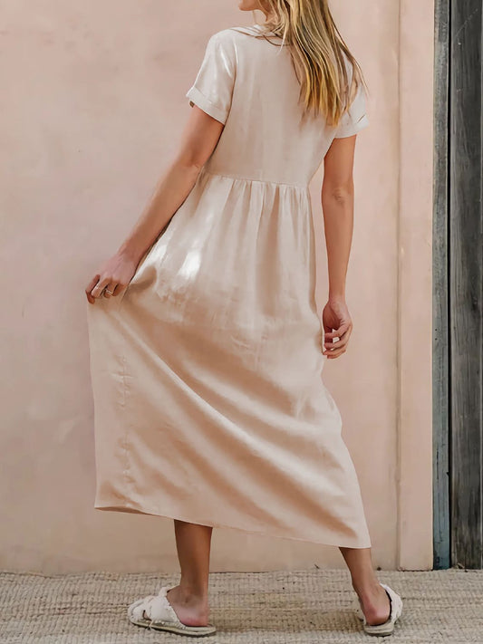 Perfee V-Neck Short Sleeve Midi Dress