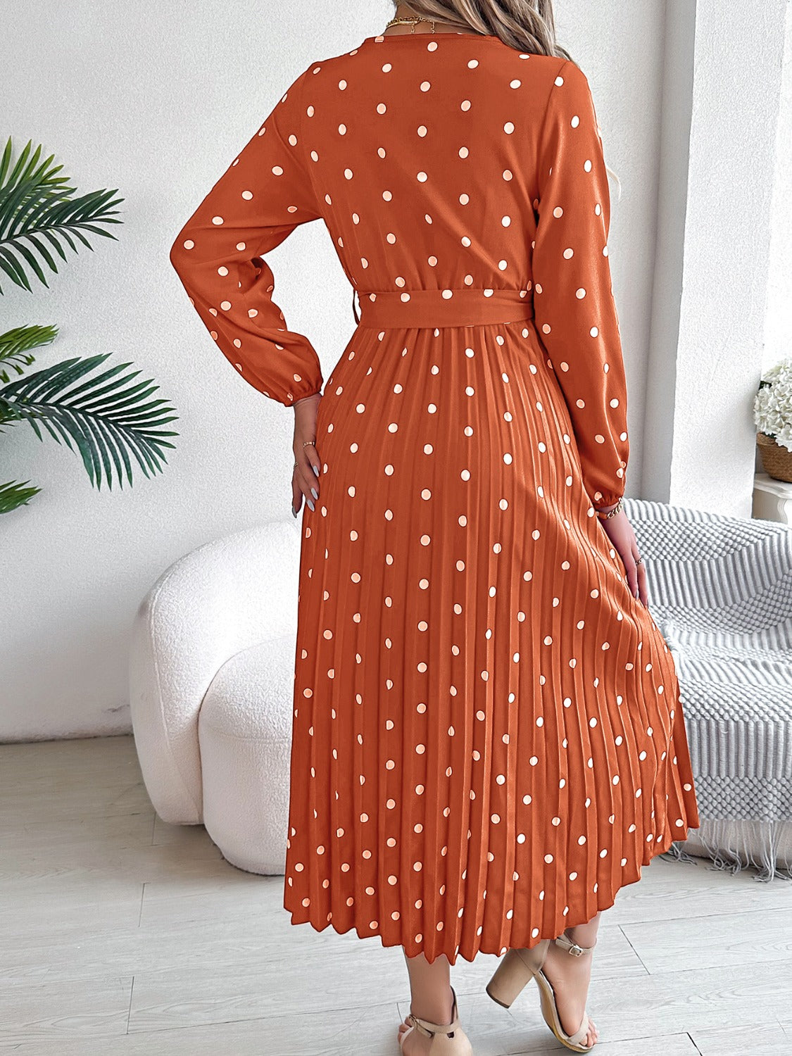 Tied Polka Dot Long Sleeve Midi Dress Tied Polka Dot Long Sleeve Midi Dress