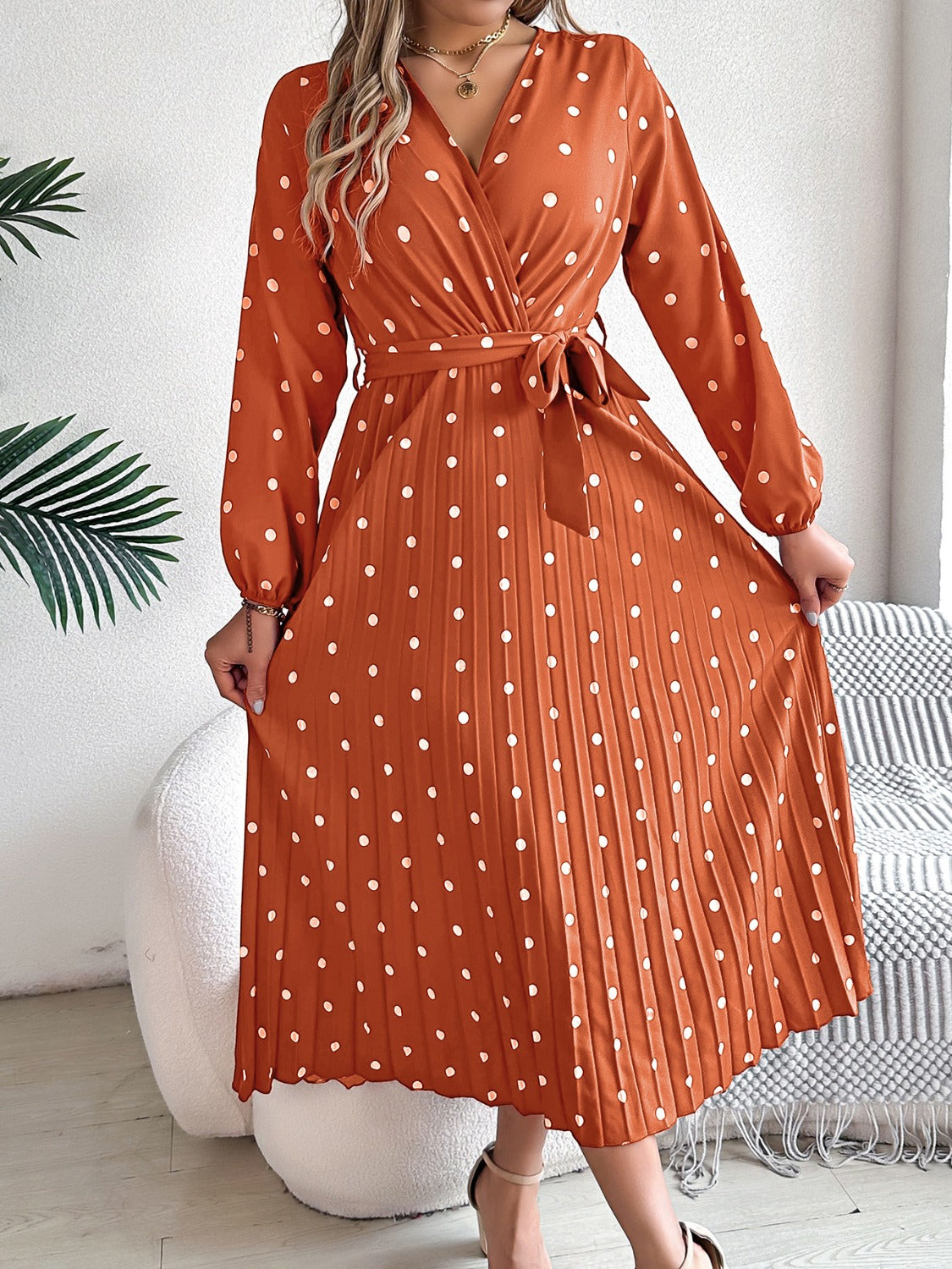 Tied Polka Dot Long Sleeve Midi Dress Wild Bloom Tied Polka Dot Long Sleeve Midi Dress Wild Bloom