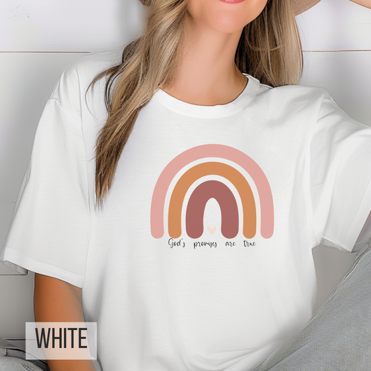 Inspirational t-shirt featuring 'God’s promises are true' with a vibrant rainbow design—perfect for expressing faith with a touch of color and style. A comforting reminder of hope and positivity, this shirt is ideal for daily wear or spiritual gatherings.