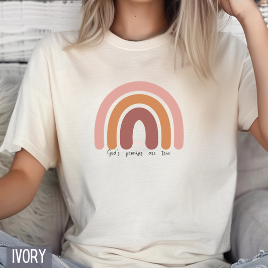 Inspirational t-shirt featuring 'God’s promises are true' with a vibrant rainbow design—perfect for expressing faith with a touch of color and style. A comforting reminder of hope and positivity, this shirt is ideal for daily wear or spiritual gatherings.